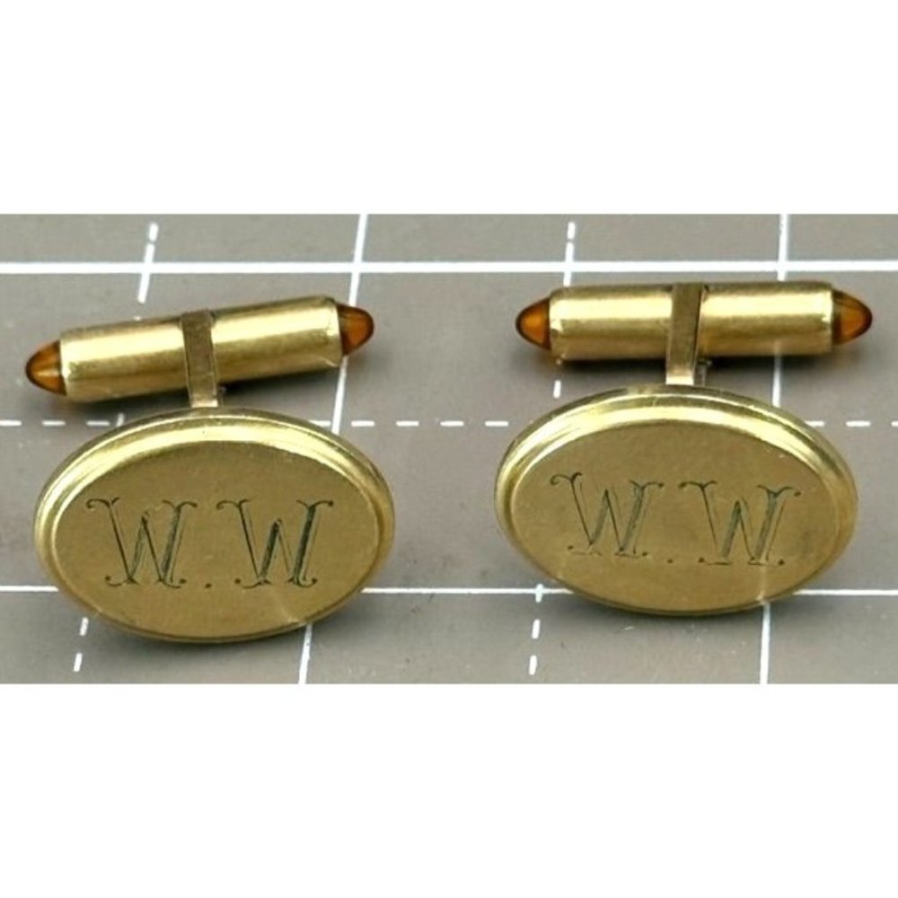 Krementz Oval Cuff Links Honey Colored Cabochon Ends Gold Plated Engraved